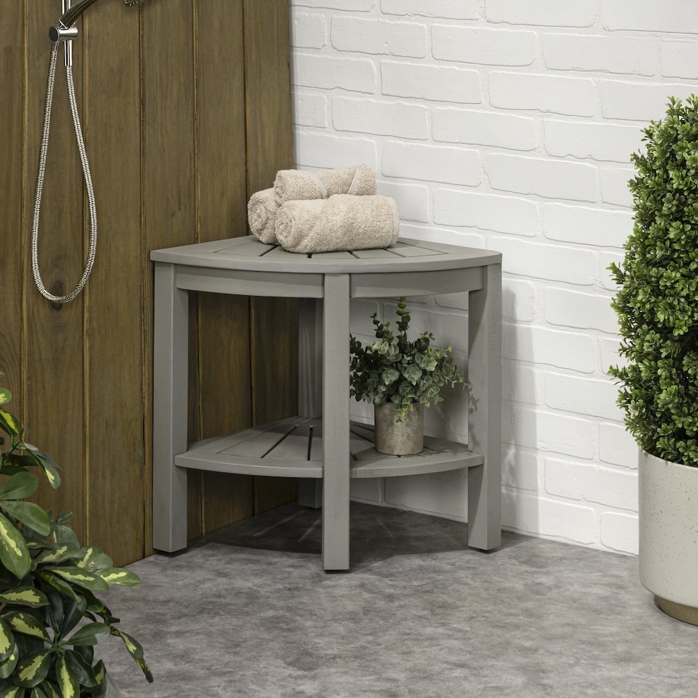 Maris Coastal 18" Gray Acacia Wood Corner Shower Stool