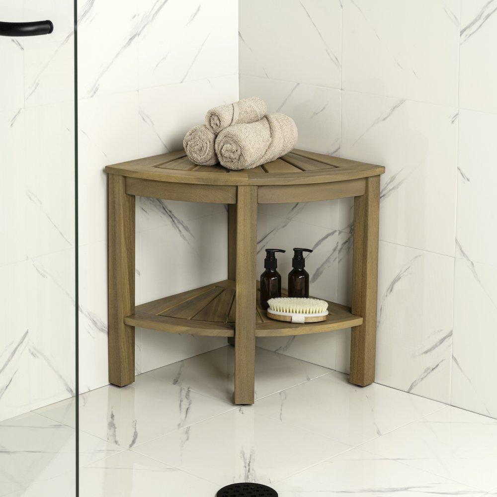 Maris Coastal 18" Light Teak Acacia Wood Corner Shower Stool