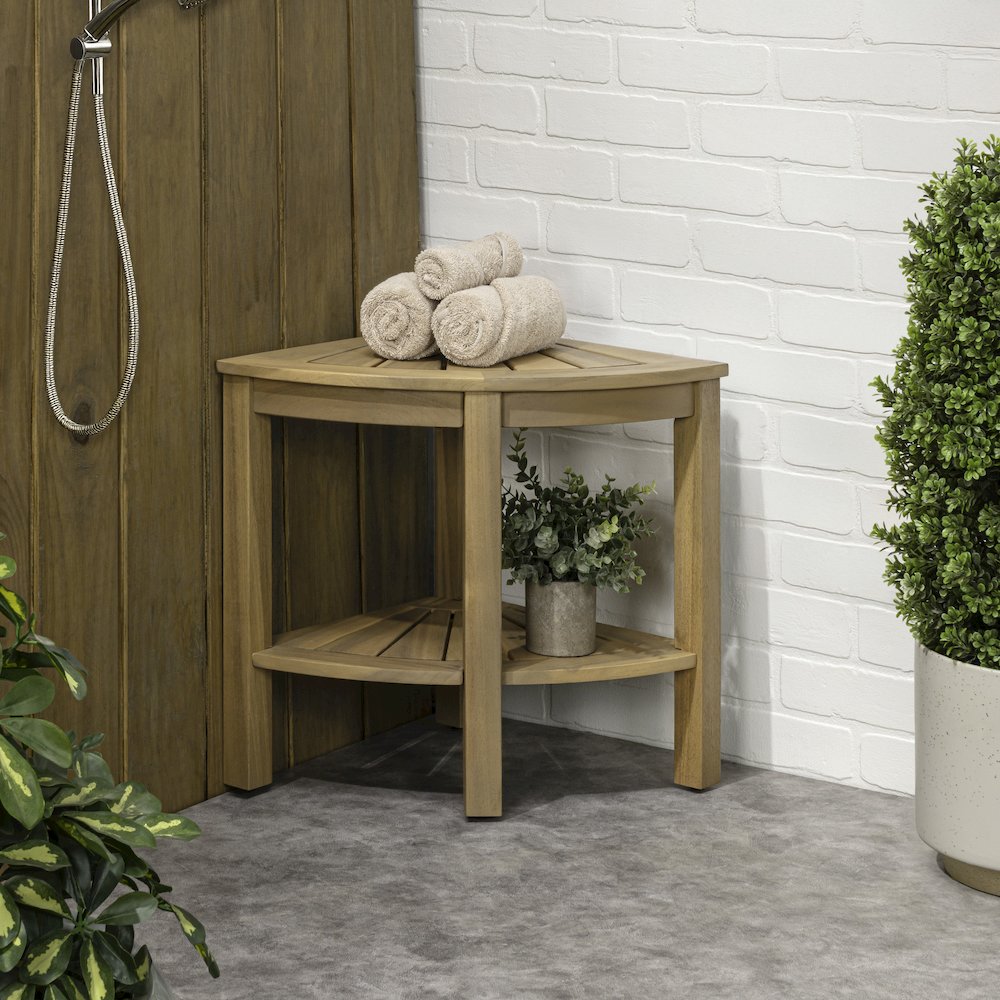 Maris Coastal 18" Light Teak Acacia Wood Corner Shower Stool