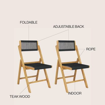 Olivier Bohemian Natural Solid Teak Wood and Black Woven Rope Armless Folding