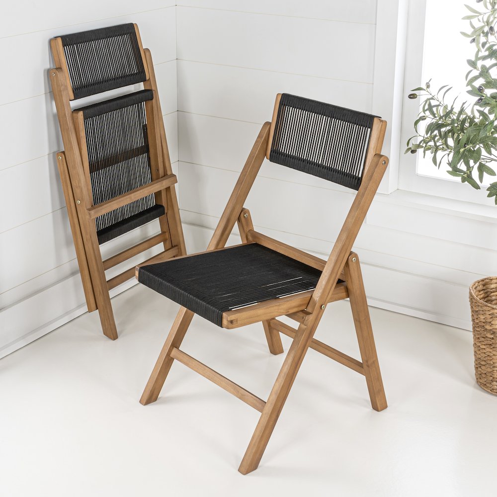 Olivier Bohemian Natural Solid Teak Wood and Black Woven Rope Armless Folding
