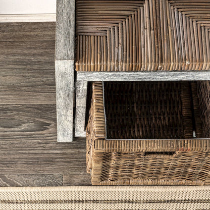 Rustic 2-Drawer Wicker Storage Bench