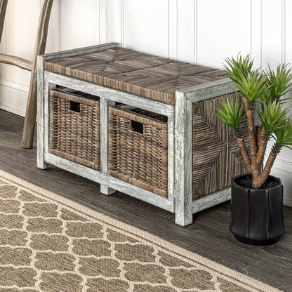 Rustic 2-Drawer Wicker Storage Bench