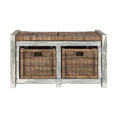 Rustic 2-Drawer Wicker Storage Bench