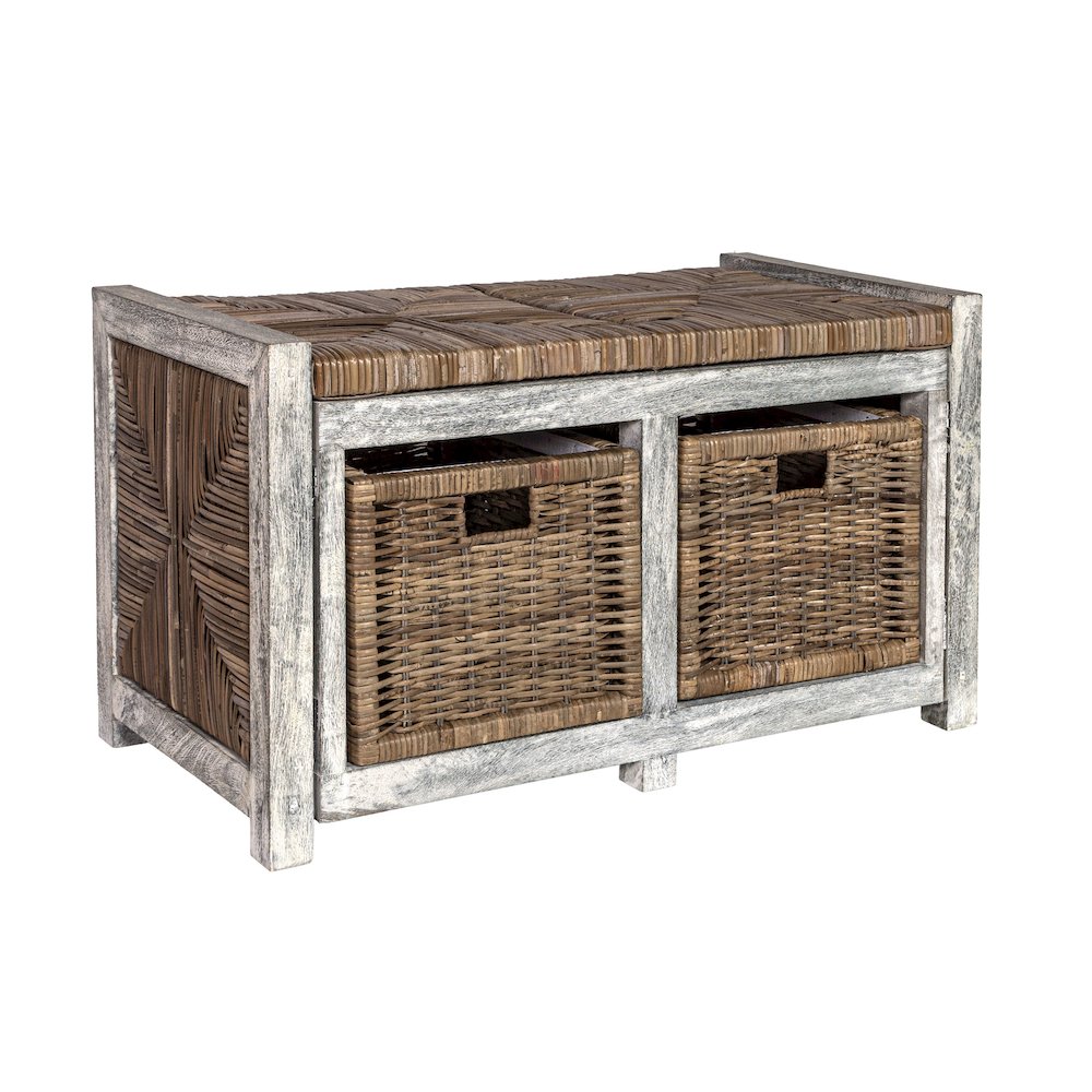 Rustic 2-Drawer Wicker Storage Bench