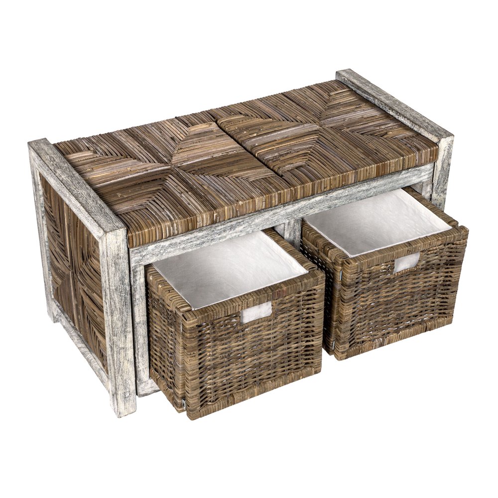 Rustic 2-Drawer Wicker Storage Bench