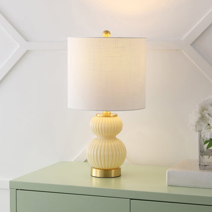 20" Contemporary Transitional Metal/Glass Ribbed Gourd LED Table Lamp, Ivory