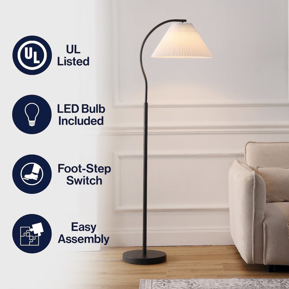 Devon Metal Arc LED Floor Lamp with Pleated Shade