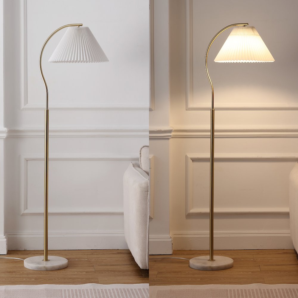 Devon Metal Arc LED Floor Lamp with Pleated Shade, Marble Base