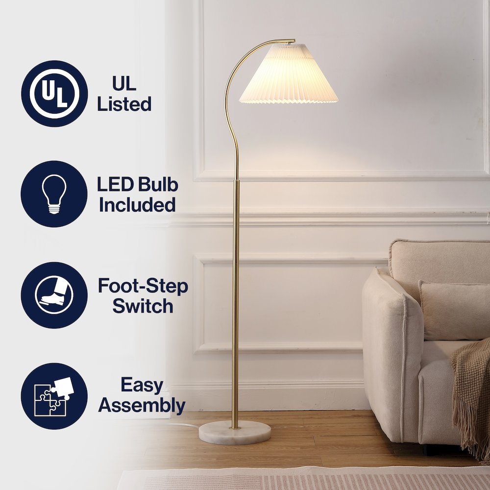 Devon Metal Arc LED Floor Lamp with Pleated Shade, Marble Base