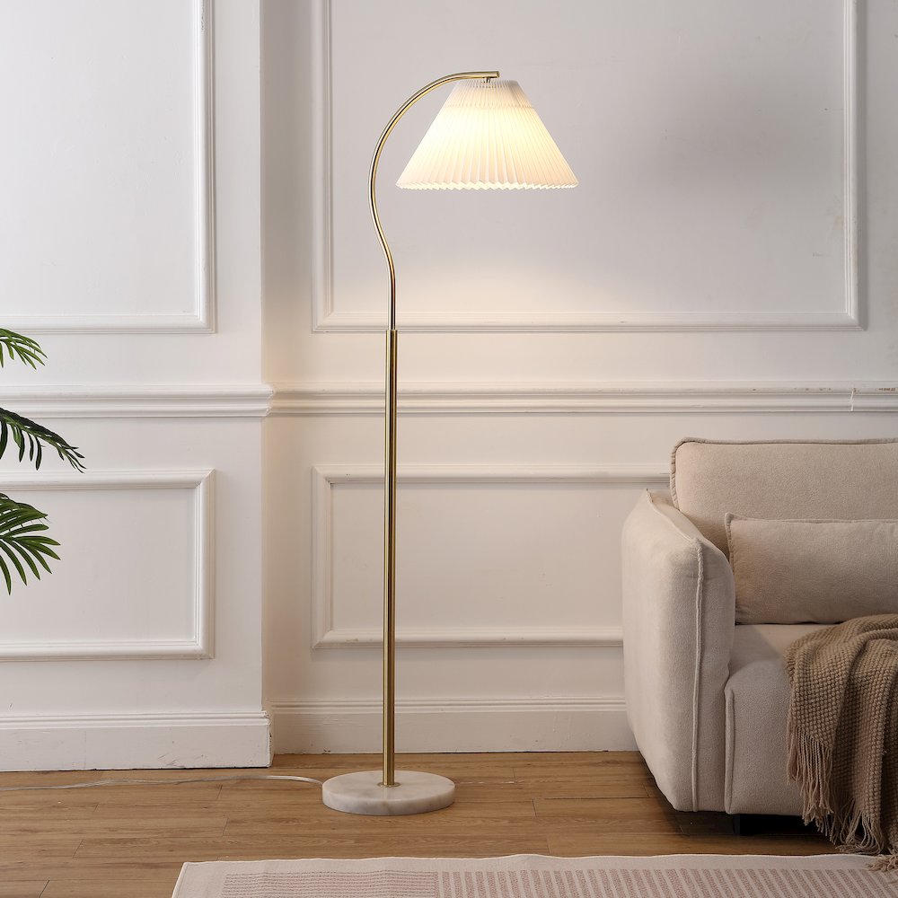 Devon Metal Arc LED Floor Lamp with Pleated Shade, Marble Base