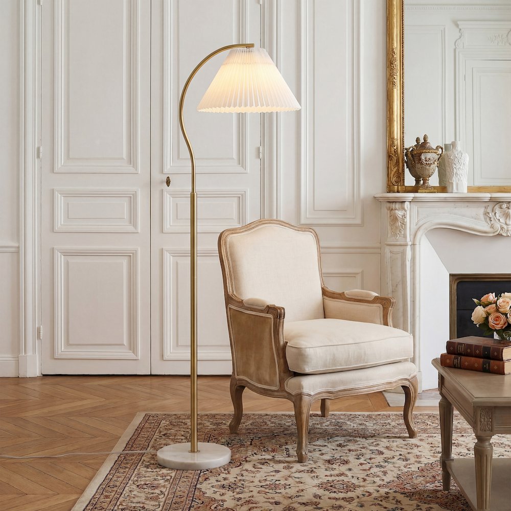Devon Metal Arc LED Floor Lamp with Pleated Shade, Marble Base