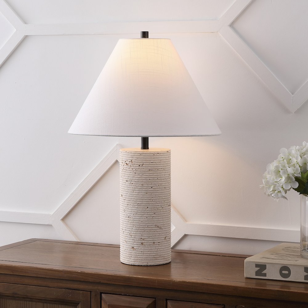 Kelsey 22.50" Modern Minimalist Travertine Column LED Table Lamp, Cream