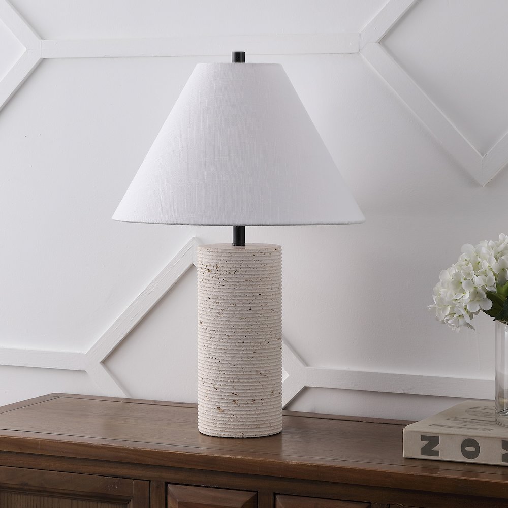 Kelsey 22.50" Modern Minimalist Travertine Column LED Table Lamp, Cream