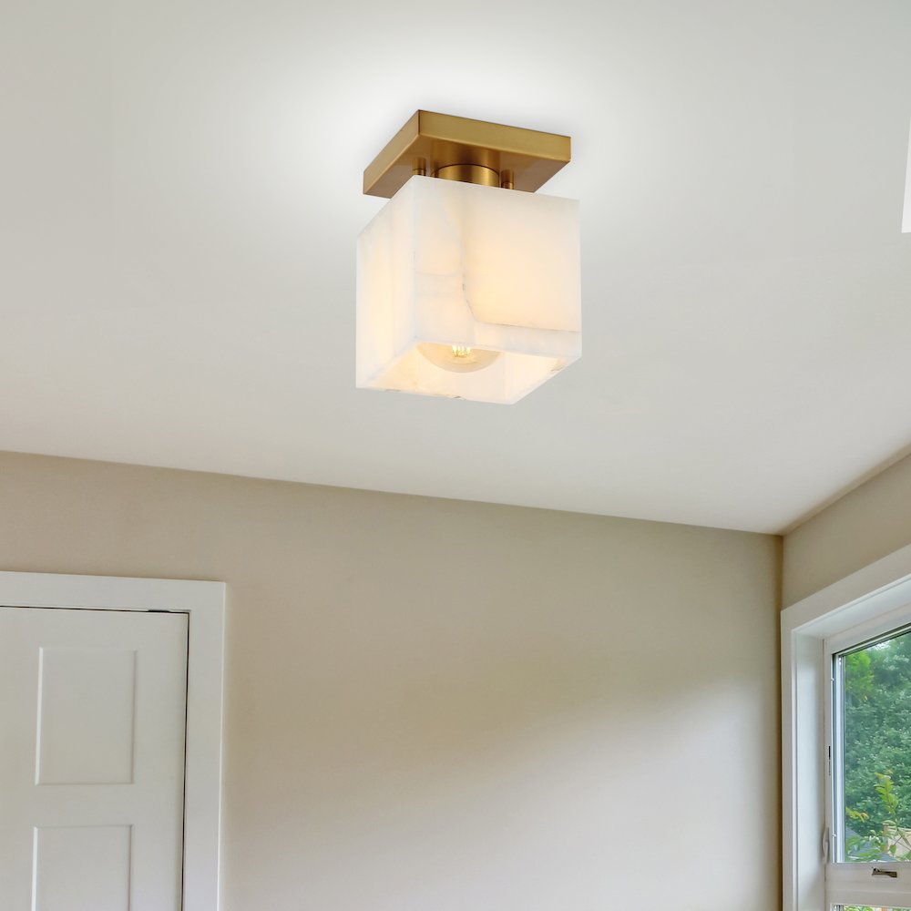Alessia 1-Light Modern Contemporary Alabaster/Iron Cube Led Semi Flush Mount