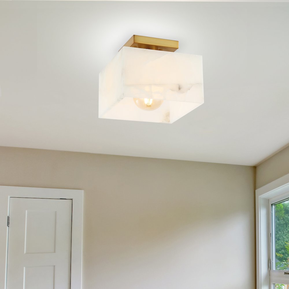 Chiara 1-Light Modern Contemporary Alabaster/Iron Square Led Semi Flush Mount