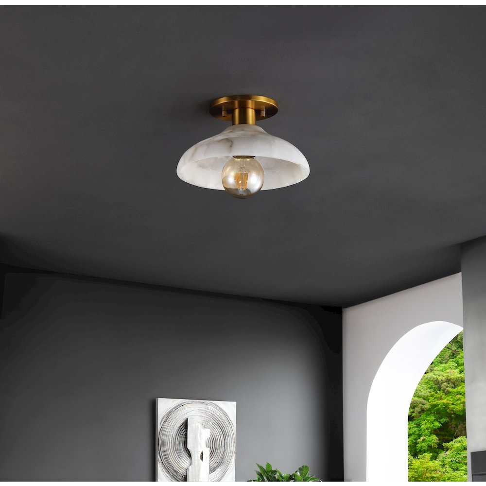 Amara 1-Light Mid-Century Classic Alabaster/Iron Led Semi Flush Mount