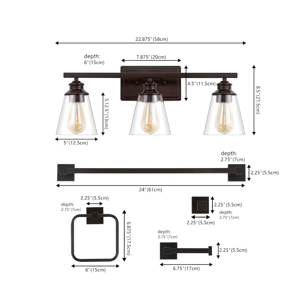 Arlo 3-Light Vintage Classic Vanity Light With Bathroom Hardware Accessory Set