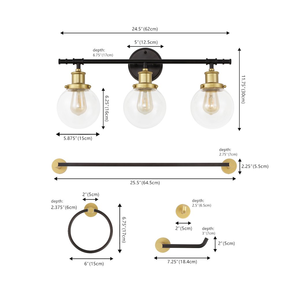 Hugo 3-Light Farmhouse Classic Vanity Light With Bathroom Hardware Accessory Set