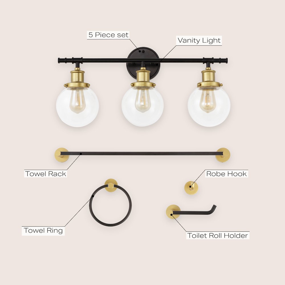 Hugo 3-Light Farmhouse Classic Vanity Light With Bathroom Hardware Accessory Set