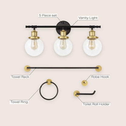 Hugo 3-Light Farmhouse Classic Vanity Light With Bathroom Hardware Accessory Set