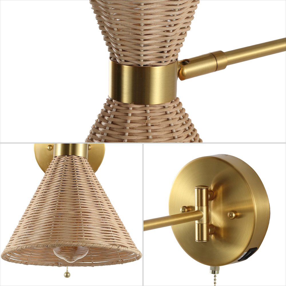 Retro Rattan/Metal Usb Charging Swing Arm Led Sconce