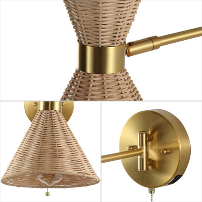 Retro Rattan/Metal Usb Charging Swing Arm Led Sconce