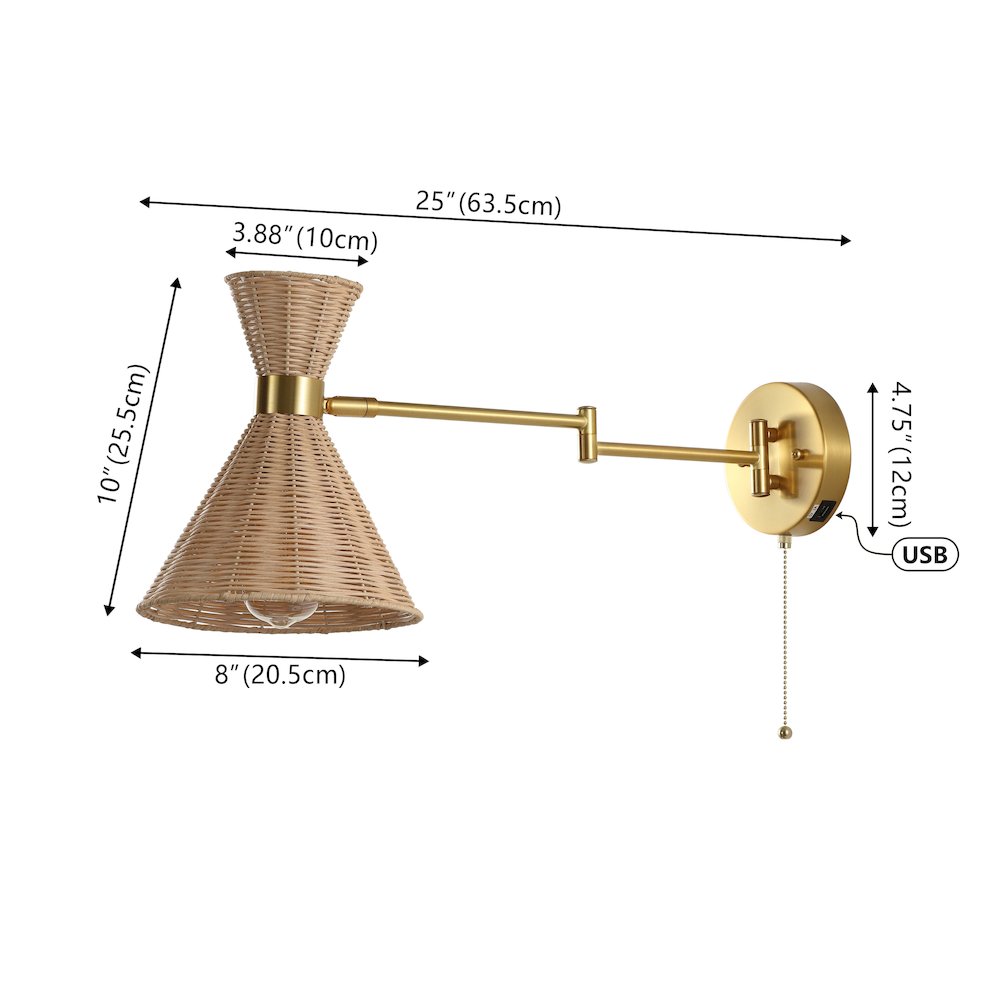 Retro Rattan/Metal Usb Charging Swing Arm Led Sconce