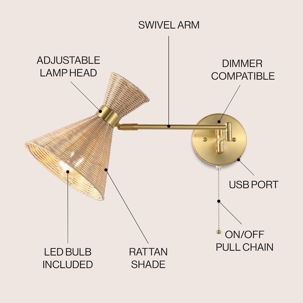 Retro Rattan/Metal Usb Charging Swing Arm Led Sconce
