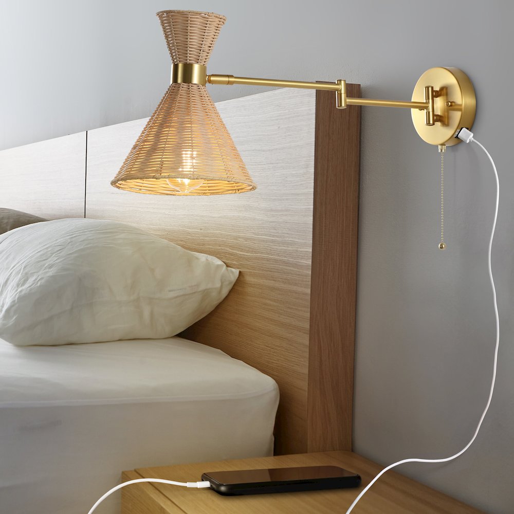 Retro Rattan/Metal Usb Charging Swing Arm Led Sconce