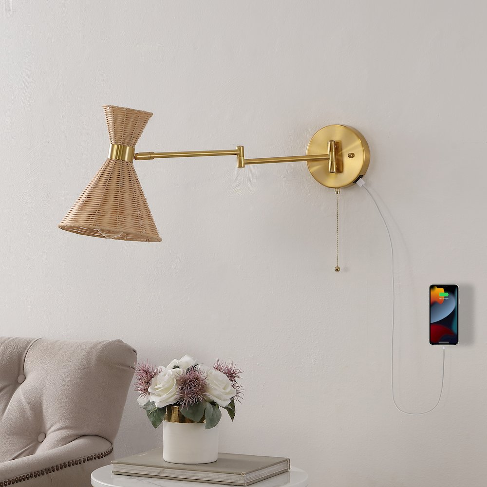 Retro Rattan/Metal Usb Charging Swing Arm Led Sconce