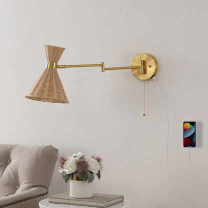 Retro Rattan/Metal Usb Charging Swing Arm Led Sconce