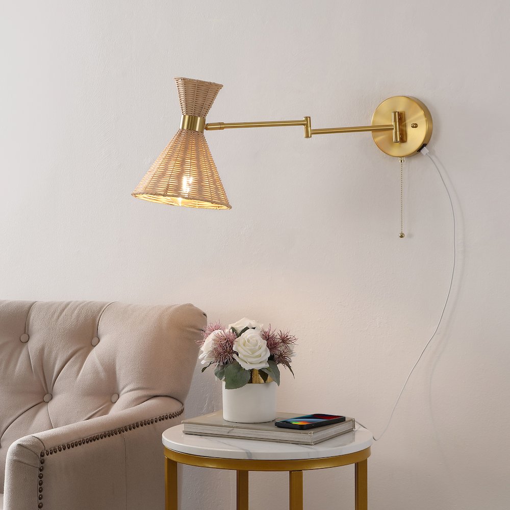 Retro Rattan/Metal Usb Charging Swing Arm Led Sconce