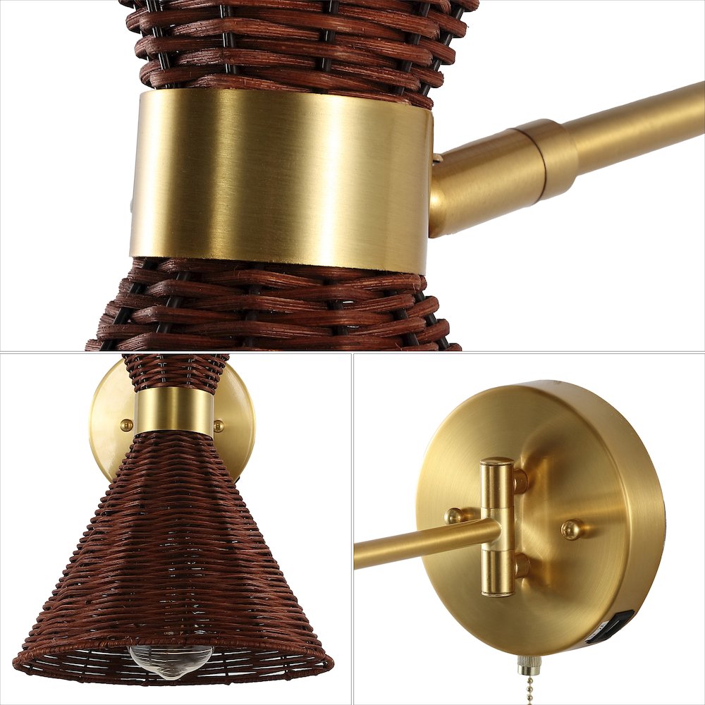 Retro Rattan/Metal Usb Charging Swing Arm Led Sconce