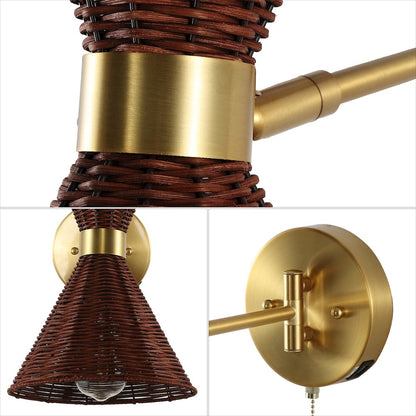Retro Rattan/Metal Usb Charging Swing Arm Led Sconce