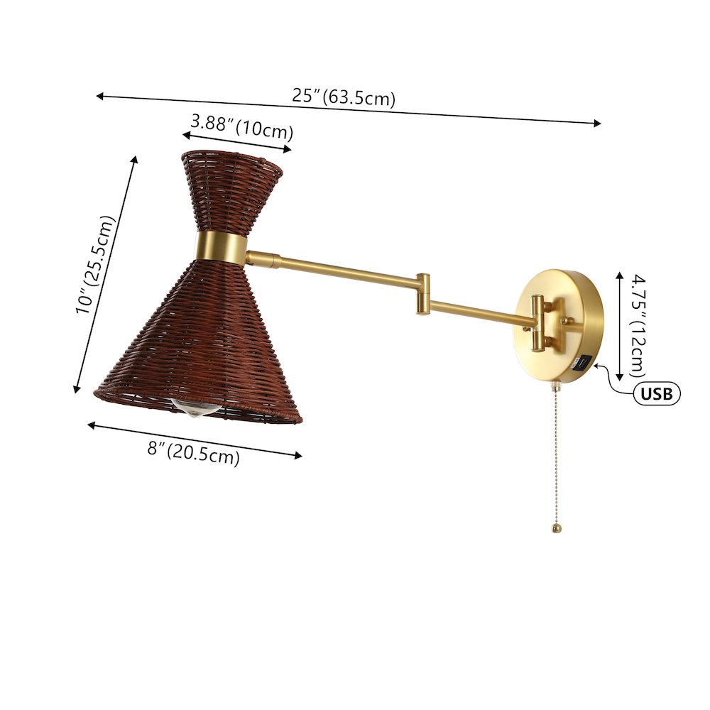 Retro Rattan/Metal Usb Charging Swing Arm Led Sconce