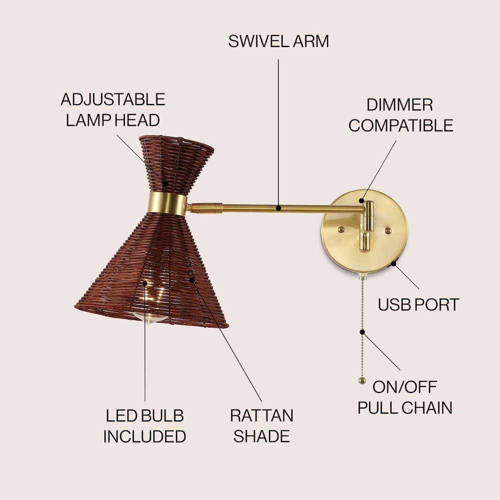 Retro Rattan/Metal Usb Charging Swing Arm Led Sconce