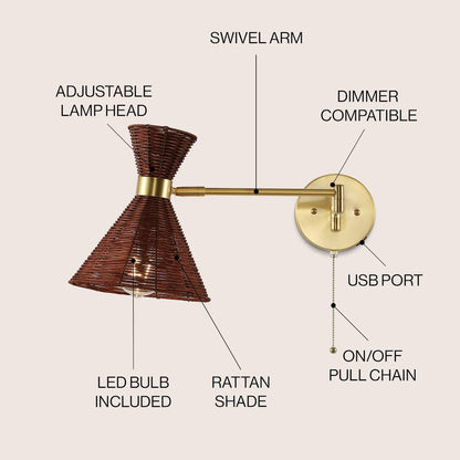 Retro Rattan/Metal Usb Charging Swing Arm Led Sconce