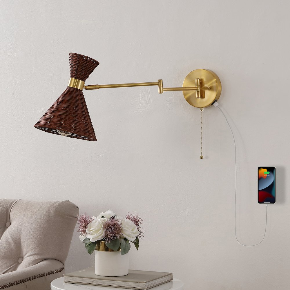 Retro Rattan/Metal Usb Charging Swing Arm Led Sconce