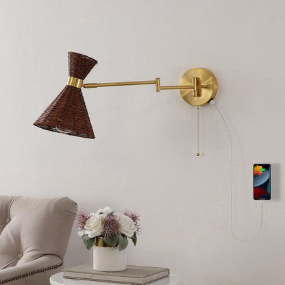 Retro Rattan/Metal Usb Charging Swing Arm Led Sconce