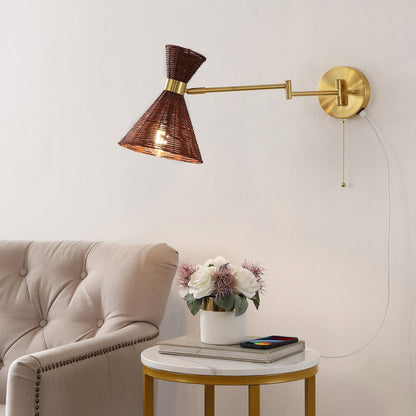 Retro Rattan/Metal Usb Charging Swing Arm Led Sconce