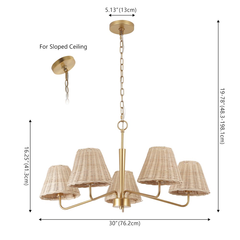 Libby 5-Light Modern Coastal Sleek Woven Rattan/Iron LED Chandelier, Gold