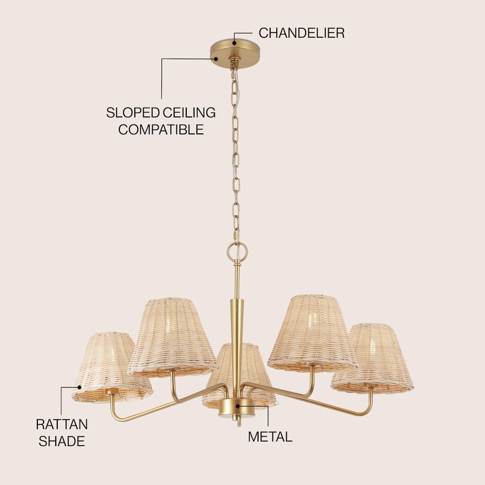 Libby 5-Light Modern Coastal Sleek Woven Rattan/Iron LED Chandelier, Gold
