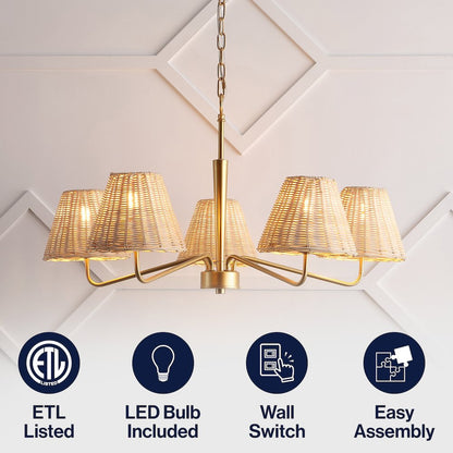 Libby 5-Light Modern Coastal Sleek Woven Rattan/Iron LED Chandelier, Gold