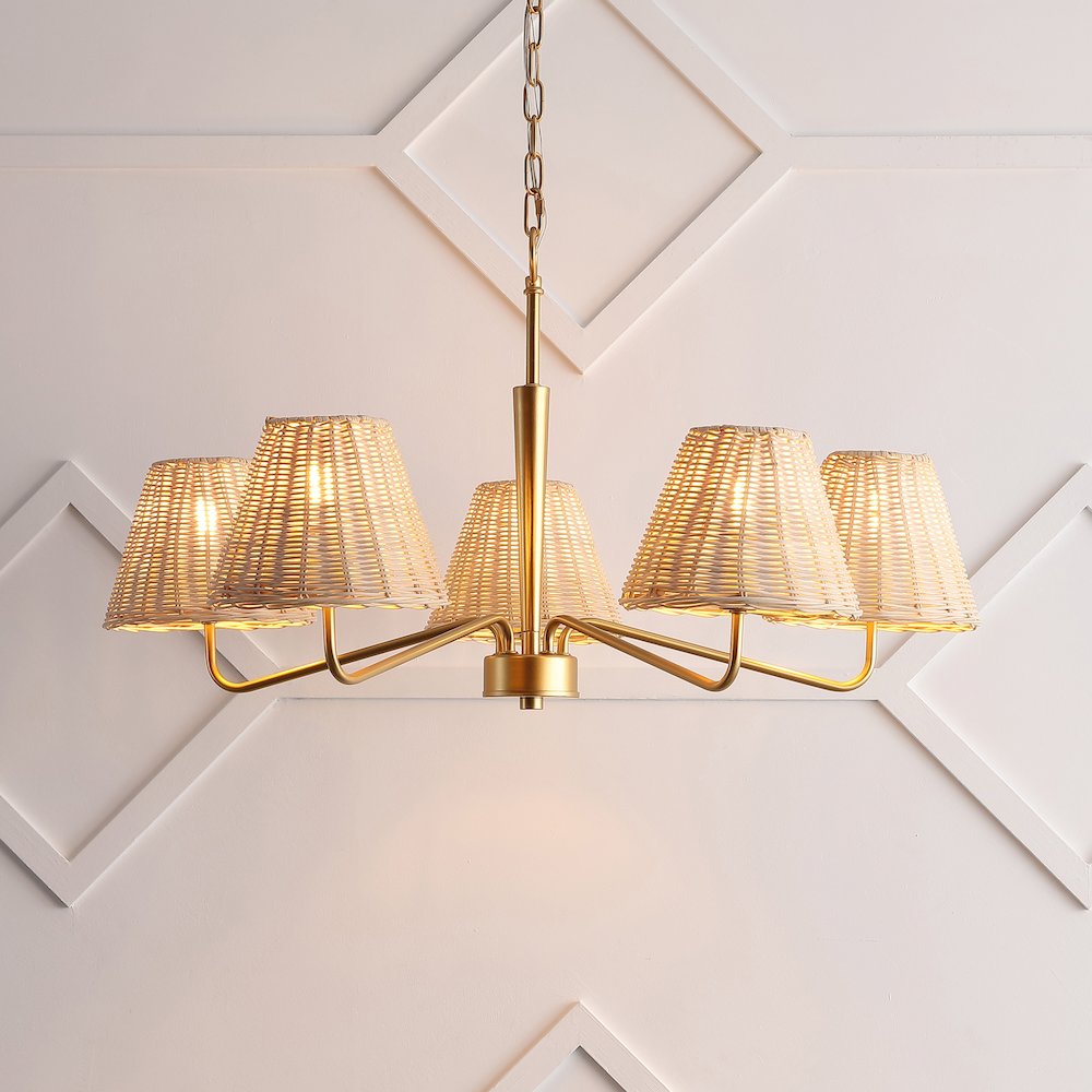 Libby 5-Light Modern Coastal Sleek Woven Rattan/Iron LED Chandelier, Gold