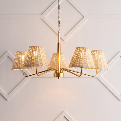 Libby 5-Light Modern Coastal Sleek Woven Rattan/Iron LED Chandelier, Gold