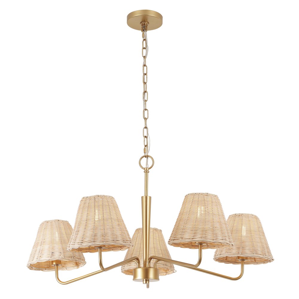 Libby 5-Light Modern Coastal Sleek Woven Rattan/Iron LED Chandelier, Gold