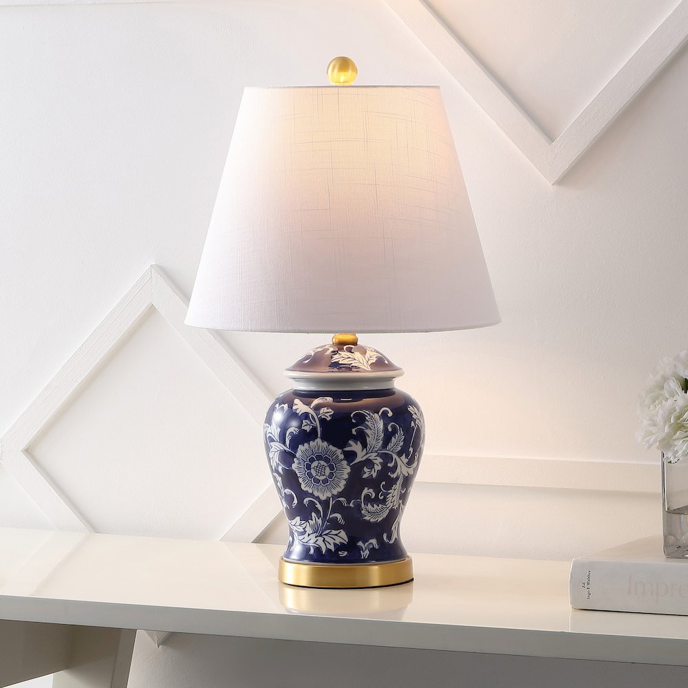 French Country Cottage Ceramic Iron Chinoiserie Ginger Jar LED Table Lamp