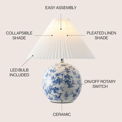 Chinoiserie Ceramic Orb LED Table Lamp with Pleated Shade
