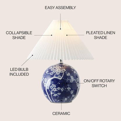 Chinoiserie Ceramic Orb LED Table Lamp with Pleated Shade